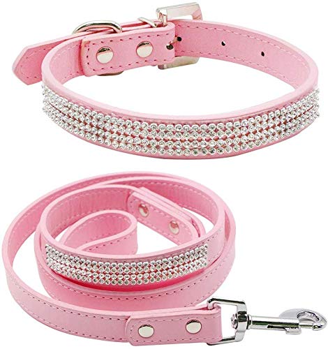 Petsoigné Hundeleine und Hundehalsband Leder mit Strass Lederleine und Halsband für Kleine und Mittlere Hunde (M) von Petsoigné
