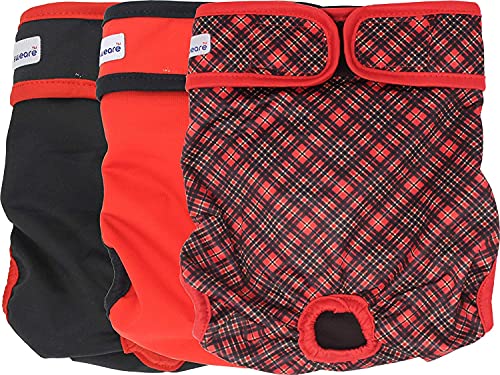 Petsweare Wasserdicht Saugfähigkeit Waschbare Robuste Wiederverwendbare Hundewindeln Läufigkeitshose Inkontinenzunterlage für Weiblichen Welpe und Hündinnen 3 Pack (Small, Rot) von Petsweare