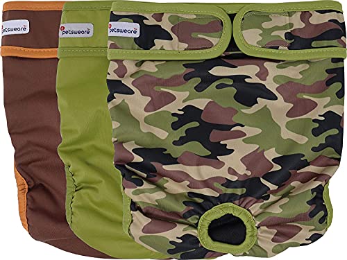 Petsweare Wasserdicht Saugfähigkeit Waschbare Robuste Wiederverwendbare Hundewindeln Läufigkeitshose Inkontinenzunterlage für Weiblichen Welpe und Hündinnen 3 Pack (XXLarge, Oliv-Braun-Camouflage) von Petsweare