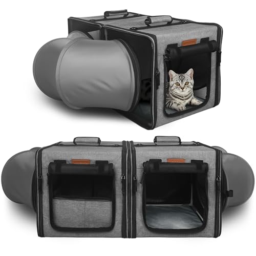 PETUX Kleine Katze Reisetrage mit Little Box, Tragbare 2-in-1-Katzentrage für 2 Katzen, Verschiedene Dly-Methoden Haustiertragetasche Weich mit Tunnelrohr, Flanellmatte, Hängematte, tragbare von Petux