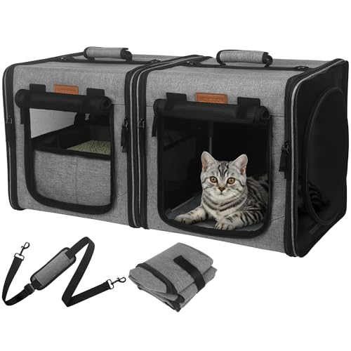 PETUX Kleine Katzen-Reisetrage mit kleiner Box, tragbare 2-in-1-Doppelhaustierhütte, kleine Katzentrage für 2 Katzen, Katzentrage weich mit Flanellmatte, Hängematte, tragbare Tragetasche (Grau) von Petux