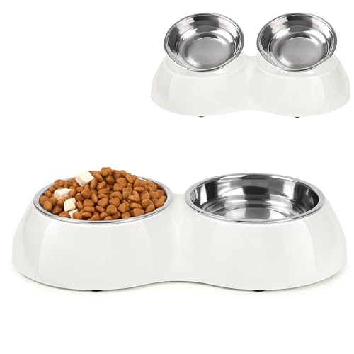 Petvillage Hundenäpfe mit zwei 204 ml Edelstahlnäpfen und rutschfester Harzstation, Futternäpfe für Welpen, mittelgroße Hunde und Katzen, Weiß von Petvillage