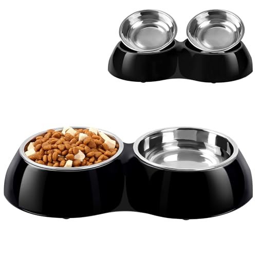 Petvillage Hundenäpfe mit zwei 204 ml Edelstahlnäpfen und rutschfester Harzstation, Futternäpfe für Welpen, mittelgroße Hunde und Katzen, Schwarz von Petvillage