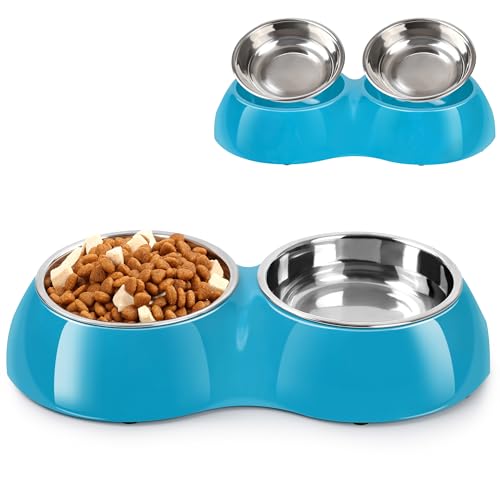 Petvillage Hundenäpfe mit zwei 204 ml Edelstahlnäpfen und rutschfester Harzstation, Futternäpfe für Welpen, mittelgroße Hunde und Katzen, Blau von Petvillage