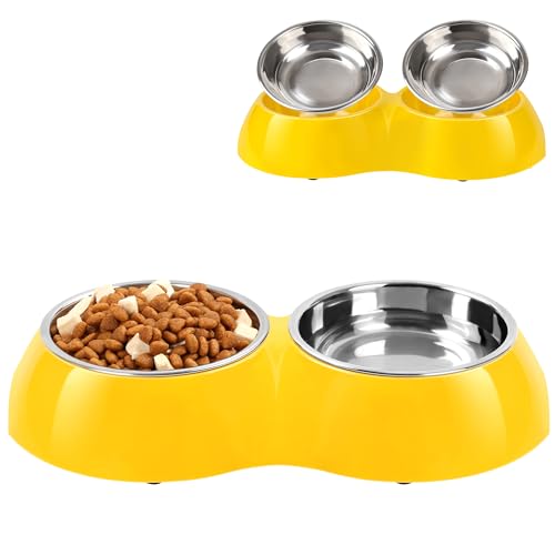 Petvillage Hundenäpfe mit zwei 204 ml Edelstahlnäpfen und rutschfester Harzstation, Futternäpfe für Welpen, mittelgroße Hunde und Katzen, Gelb von Petvillage