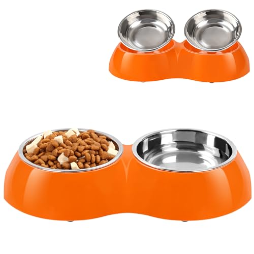 Petvillage Doppeltes Hundenapf-Set – enthält zwei 204 ml Edelstahlnäpfe und erhöhter Boden, ideal für kleine bis große Haustiere, Futterlösung für Hunde, Katzen, Welpen, Orange von Petvillage