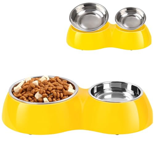 Petvillage Vielseitiges Doppel-Hundenapf-Set – Edelstahl, höhenverstellbarer Boden, ideal für Hunde und Katzen, inklusive kleinen (204 ml) und mittleren (411 ml) Näpfen, Gelb von Petvillage