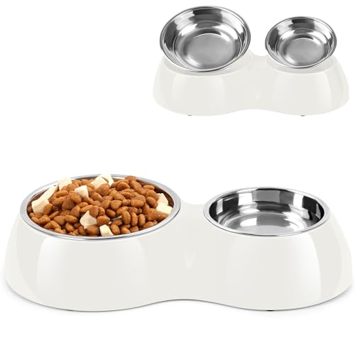 Petvillage Vielseitiges Doppel-Hundenapf-Set – Edelstahl, höhenverstellbarer Boden, ideal für Hunde und Katzen, inklusive kleinen (204 ml) und mittleren (411 ml) Näpfen, Weiß von Petvillage