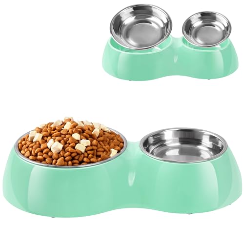 Petvillage Vielseitiges Doppel-Hundenapf-Set – Edelstahl, höhenverstellbarer Boden, ideal für Hunde und Katzen, inklusive kleinen (204 ml) und mittleren (411 ml) Näpfen, Grün von Petvillage