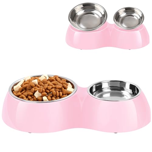 Petvillage Hundenäpfe mit Doppelnapf und Futternapf, inklusive kleinen (204 ml) und mittleren (411 ml) und rutschfester Harzstation, Futternäpfe für Welpen, mittelgroße Hunde, Katzen, Rosa von Petvillage