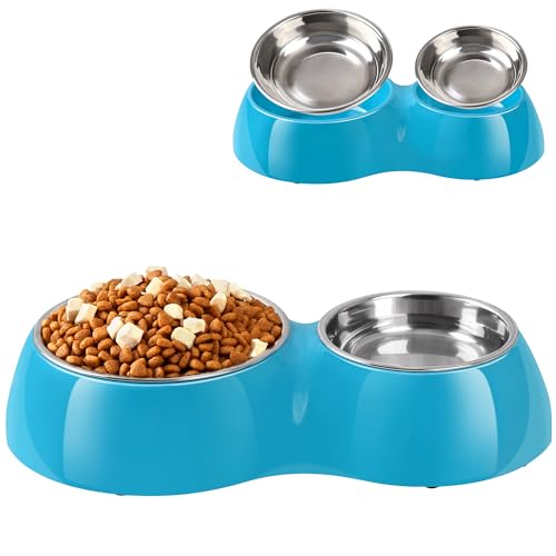 Petvillage Vielseitiges Doppel-Hundenapf-Set – Edelstahl, höhenverstellbarer Boden, ideal für Hunde und Katzen, inklusive mittelgroßen (411 ml) und großen (880 ml) Näpfen, Blau von Petvillage