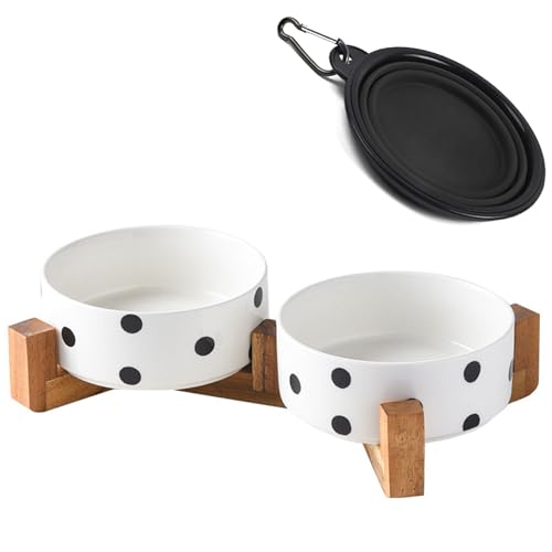 Petygooing Hundenäpfe aus Keramik, Katzen- und Hundenapf-Set mit Holzständer für Futter und Wasser, rutschfest, niedlich, modern, für Katzen, mittelgroße Hunde (794 g/15,5 cm), Schwarz mit Punkten von Petygooing