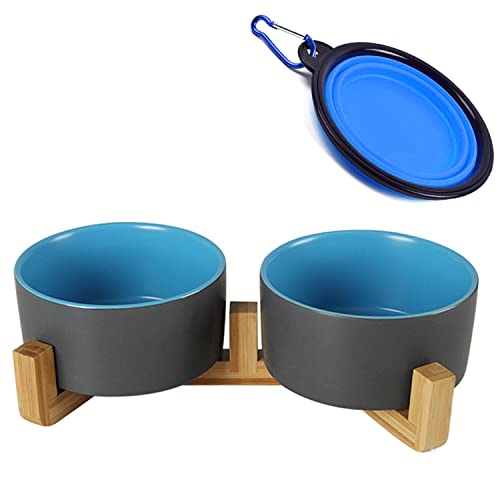 Petygooing Schwere 13 cm Keramik-Schüssel-Set für Katzen und Hunde, mit Holzständer für Futter und Wasser, rutschfest, modern, Grau,Blau von Petygooing