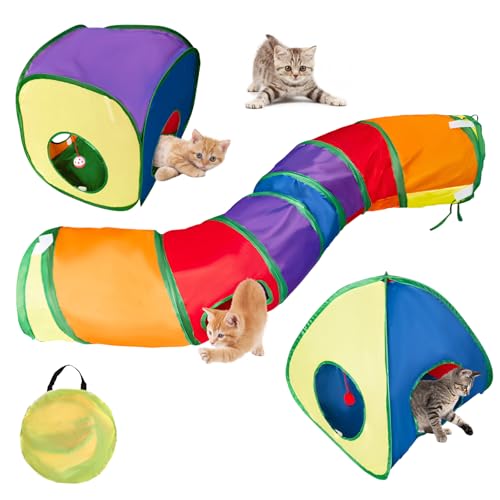 3 in 1 Katzenspielzeug, Faltbare Pop Up Katze Tunnel Tube Katzenspielzelt Interaktives Spielzeug mit Ball und für Katze Kätzchen Kaninchen Kleintier von Petyoung