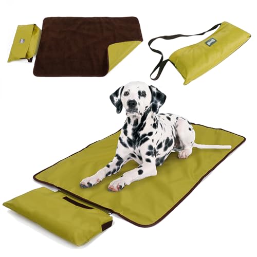 Petyoung 100 x 70 cm große Hundematte, tragbare wasserdichte Haustier-Schlafmatte, Decke, für drinnen und draußen, Camping, mit Fleece gefüttert, faltbare Hunde-Reisematte von Petyoung