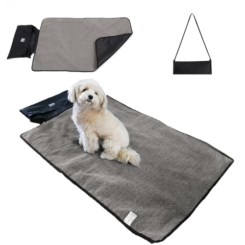 Petyoung 100 x 70 cm große Hundematte, tragbare wasserdichte Haustier-Schlafmatte, Decke, für drinnen und draußen, Camping, mit Fleece gefüttert, faltbare Hunde-Reisematte von Petyoung