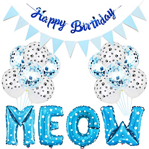 Petyoung Haustier Party Dekoration Kit mit Miau Buchstaben Luftballons Pfotenabdruck Luftballons Folien Luftballons Und Alles Gute zum Geburtstag Banner für Katze Kätzchen Geburtstagsfeier von Petyoung