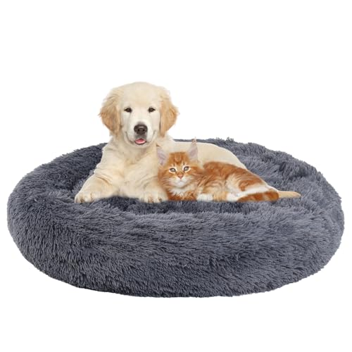 Peviasot Hundebett flauschig, Ø 100 cm Donut Kissen, Katzenschlafplatz für Katzen Kleine Mittelgroße Hunde, Waschbar, Plüsch-Hundebett, Dunkelgrau von Peviasot