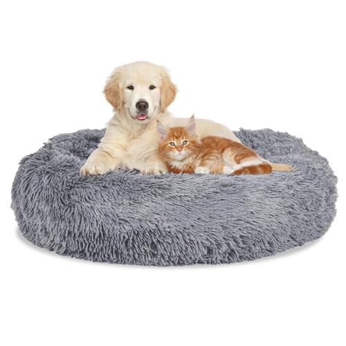 Peviasot Hundebett flauschig, Ø 100 cm Donut Kissen, Katzenschlafplatz für Katzen Kleine Mittelgroße Hunde, Waschbar, Plüsch-Hundebett, Hellgrau von Peviasot