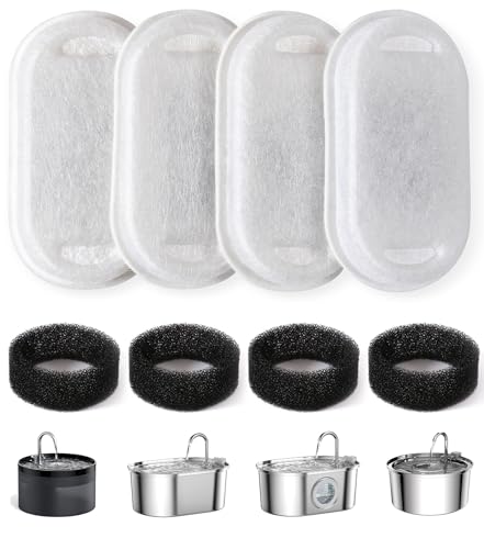 8Pcs PewinGo Katze-Wasser-Brunnen-Filter, 4 Aktivkohle-Filter u. 4 Schaumstoff-Schwamm-Filter-Dreifach-Filtration-Haustier-Wasser-Brunnen-Filter-Ersatz für 3.2L/2L Wasser-Brunnen von PewinGo