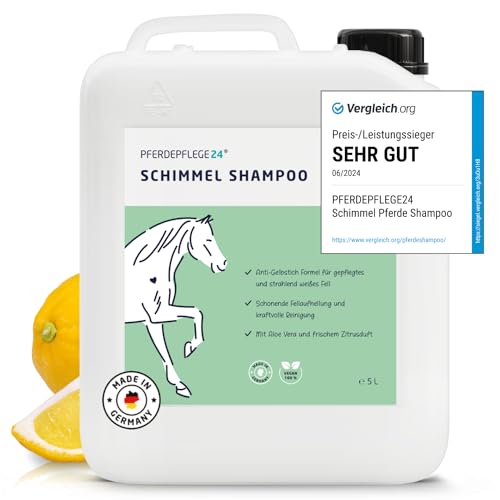 Pferdepflege24 Schimmel Shampoo Pferde 5l - Sanfte Reinigung die Verfärbungen Verschwinden lässt - Anti Gelbstich Pferdeshampoo für schonende Fellaufhellung, intensive Reinigung & Pflege von PFERDEPFLEGE24