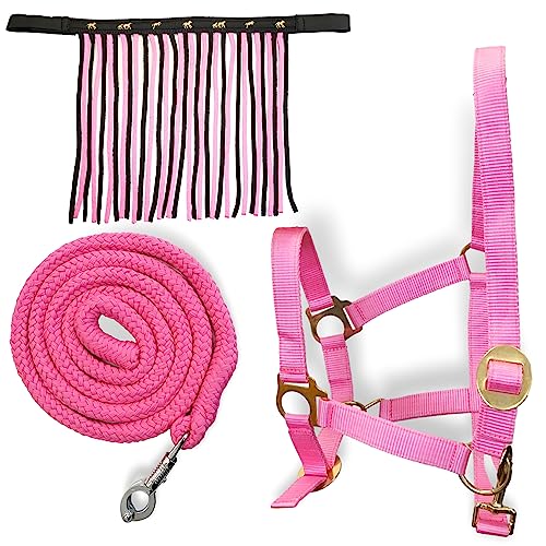 Halfter für Pferde mit Führstrick & Fliegenfransen Pferd, Halfter mit Strick - Halfter Pony Shetty Halfter Cob Full Kb (Shetty, Schwarz-Pink + Schwarz + Pink) von Pferdelinis