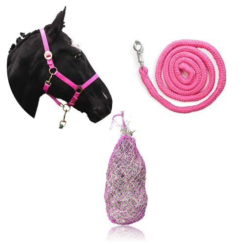 Pferdelinis Pferde Sachen 3er Set mit Halfter für Pferde, Führstrick und Heunetz für Pferde perfekt für Pferdeliebhaber (Pink, Warmblut) von Pferdelinis