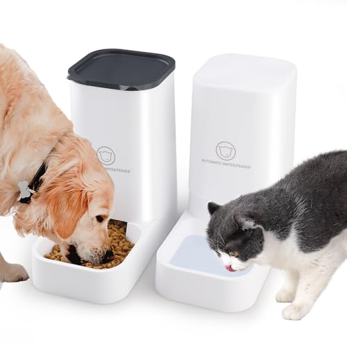 Pfloge® Automatischer Futterspender Katze, 2.1kg Futterautomat Katze und 3.8L Wasserspender Hund, Ohne Strom, PBA Frei Reisefutterspender Katzen Wasserspender-(Weiß) von Pfloge