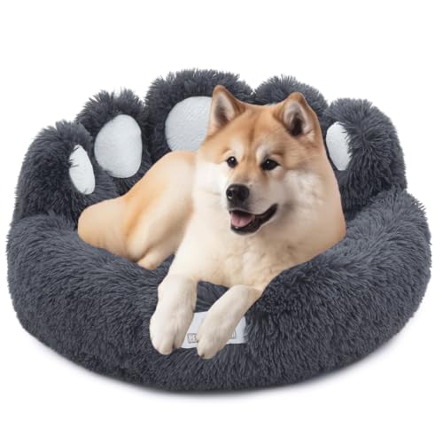 Pfoten&Nasen® Hundebett Bärenpfote Für Große, Mittelgroße und Kleine Hunde, Hundebett Waschbar, Hundekissen, Hundekorb, Hundebett Rund, Dog Bed, Hundekörbchen (Dunkelgrau, L - 85cm) von Pfoten&Nasen