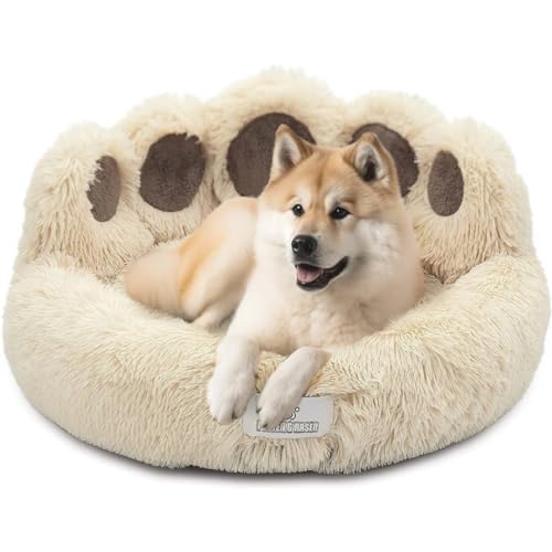 Pfoten&Nasen® Hundebett Bärenpfote Für Große, Mittelgroße und Kleine Hunde, Hundebett Waschbar, Hundekissen, Hundekorb, Hundebett Rund, Dog Bed, Hundekörbchen Beige (L - 85cm). von Pfoten&Nasen