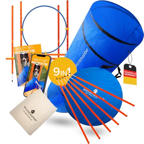 PfotenWunder® "9-in-1 - Agility Set Hunde groß + 21 Min. HUNDESCHULE - 6 Slalomstangen, 1 Tunnel, für kleine & große Hunde, Training Sport Spielzeug Cavaletti Parcour Steckhürdenset Zubehör Hürden von PfotenWunder