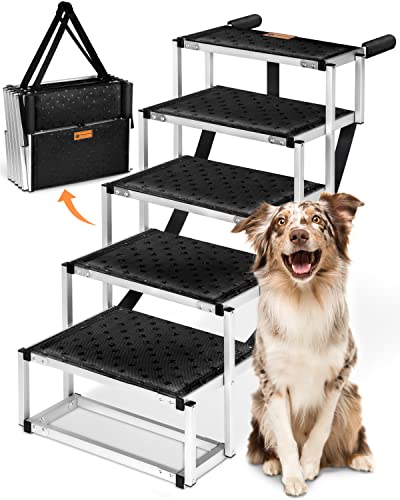 PFOTENKÖNIG Hundetreppe Auto [bis 70kg] - ultraleichte Premium Hunderampe Auto klappbar - Einstiegshilfe Hund Auto sehr stabil und kompakt - Hundetreppe faltbar 55-85cm - Für alle Autos von Pfotenkönig