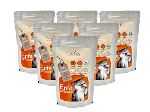 Pfotenliebe® Bio-Nassfutter für Katzen, Bio-Ente mit Banane, 6X 100g (Pouch), getreidefrei, hochverträglich, für jedes Alter geeignet von Pfotenliebe