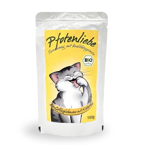 Bio Katzenfutter nass mit Qualitätsgarantie | Natürlich ohne Chemie | Machen Sie Ihre Katze glücklich! | 100g | Bio-Geflügelschmaus mit Naturreis von Pfotenliebe