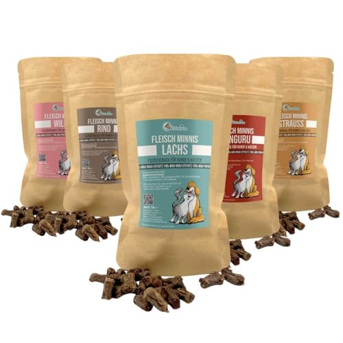 Pfotenliebe Leckerlies für Katzen, Fleisch Minnis für Hunde & Katzen, Fleischsnack in verschiedenen Geschmacksrichtungen, 100g (5X 50g Probierpaket) von Pfotenliebe