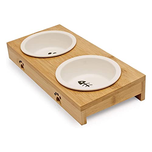 Pfotenolymp® Premium Futterstation/Futternapf für Katzen aus Bambus/Holz - 2 Näpfe für Deine Katze für Wasser und Futter (Weiß) von Pfotenolymp