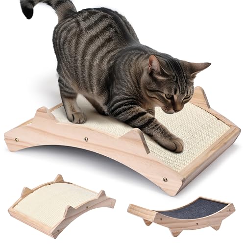 Pfotenolymp Katzenkratzbrett - Doppelseitig Haltbarer Katzen Kratzmatte - Holzstruktur Kratz Pads Katzenliege- Geflochtener Sisal + Teppichstoff Doppelseitige Katzenliege - 42 x 27.5 x 12cm von Pfotenolymp