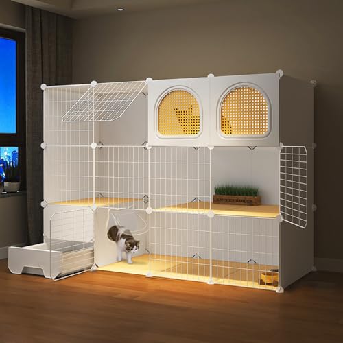 Pgkog Katzenkäfig Innengehege DIY Katzenlaufstall Abnehmbare Metalldrahthütte Katzenwohnung Robuste, Sichere Plattform für 1-3 Katzen -weiß von Pgkog