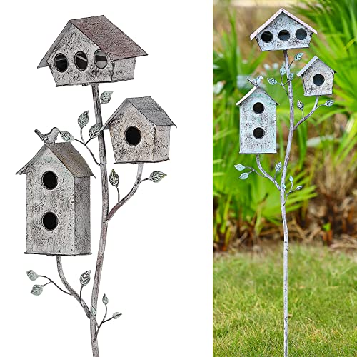 Vogelhäuser für draußen mit Stange, Metall Vogelhaus Gartenstecker 3 Häuser von Phaxth