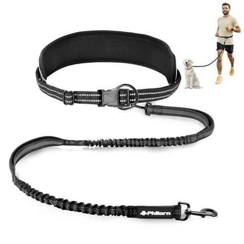 Philorn Joggingleine Hunde, Freihändig Laufleine, Bauchgurt Hundeleine zum Joggen Laufen Wandern mit Dual Griffe, Reflektierende Nähte (Schwarz) von Philorn