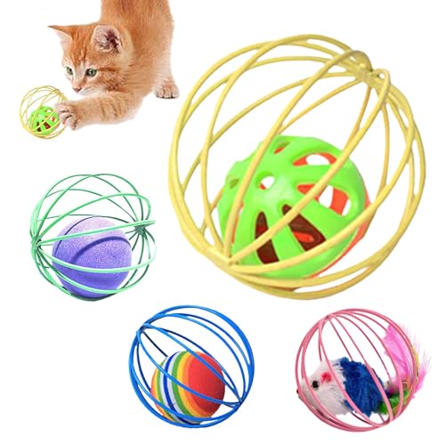 PhnkjGh Katzenballspielzeug, Katzenspielzeug für Hauskatzen - 4 Stück interaktives Käfig-Mausball-Katzenspielzeug - Haustierkatzenzubehör, kreatives lustiges Haustierkätzchenspielzeug, von PhnkjGh
