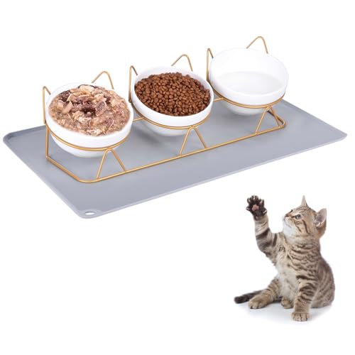 Phoetya Katzennapf 3er Set, Keramik Katzenfutternapf mit Ständer Pet Bowl Mat Tilted Elevated Cat Feeding Station Kitten Food Storage Bowls Anti Vomiting Raised Puppy Dish Feeder von IKIMI