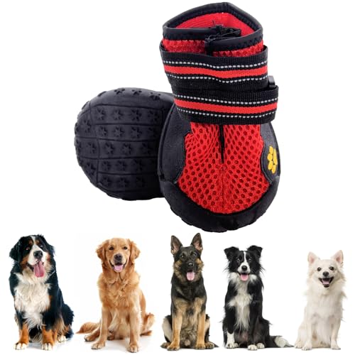 Hundeschuhe Pfotenschutz, 4 Stück atmungsaktive Hunde Schuhe Outdoor mit Rutschfester Sohle, verstellbarem reflektierendem Klettverschluss Hundestiefel für mittlere und große Hunde (Rot, 2XL) von PiPiCat