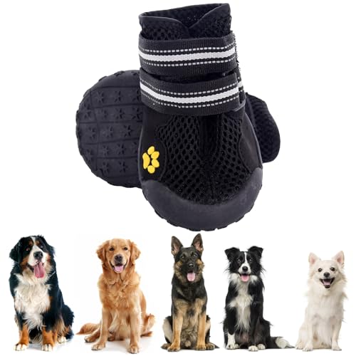 Hundeschuhe Pfotenschutz, 4 Stück atmungsaktive Hunde Schuhe Outdoor mit Rutschfester Sohle, verstellbarem reflektierendem Klettverschluss Hundestiefel für mittlere und große Hunde (Schwarz, 2XL) von PiPiCat