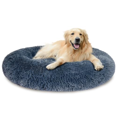 PiPiCat Flauschiges Haustierbett, 100cm, Hundebett, Katzenbett, Hundekissen, Hundekorb, Donut-förmig, warm, waschbar, rutschfest, für mittel-/großes Haustier (100cm, Dunkelgrau) von PiPiCat