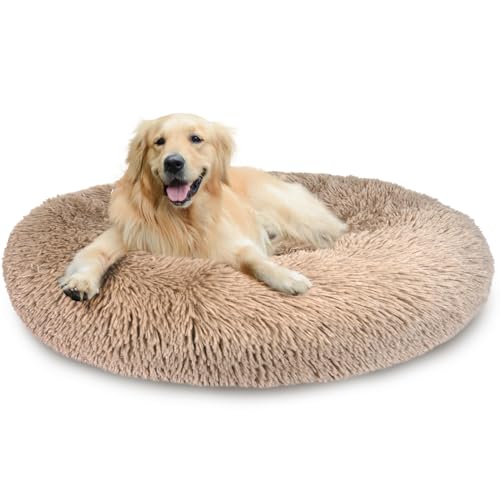 PiPiCat Flauschiges Haustierbett, 100cm, Hundebett, Katzenbett, Hundekissen, Hundekorb, Donut-förmig, warm, waschbar, rutschfest, für mittel-/großes Haustier (100cm, Khaki) von PiPiCat