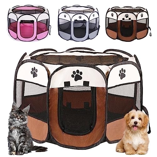 Welpenlaufstall Tierlaufstall Faltbar für Hunde, Welpenauslauf Oxford-Gewebe Hundehütte Wasserdichter Laufstall für Hunde Hasen Meerschweinchen Katzen für innern oder außen, 73x73x43cm Braun von Piashow