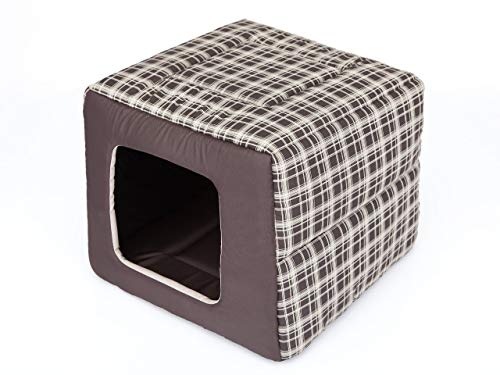 Hundehütte Hundebett 2in1 Hundehöhle Hundebett Hundehaus Tierbett braun kariert Größe XL 53x53 cm von PillowPrim