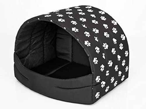 Hundehütte Hundehöhle Hundebett Hundehaus Katzenhöhle Schlafplatz L - 55x43 cm Schwarz mit Pfoten von PillowPrim