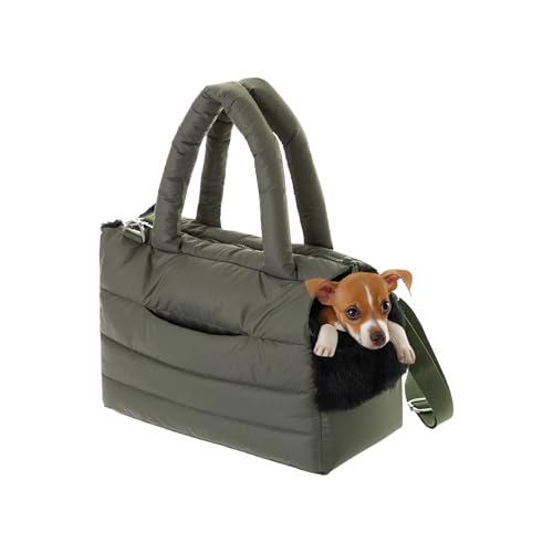 Hundetasche, Welpentasche - Tragetasche für kleinen und mittleren Hund, Katze - M - bis 8 kg, Tasche für unterwegs, Hundetrage mit Karabiner, Dog Carrier, Transporttasche, olivgrün von PillowPrim